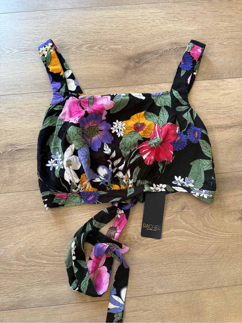 RACHEL Rachel Roy Black Floral Tie-Front Crop Top